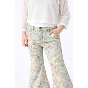 Kız Çocuk Retro Pastel Renk Çiçek Desen Kot Pantolon İspanyol - YEŞİL - 11 YAŞ