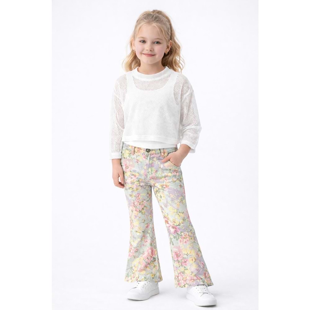 Kız Çocuk Retro Pastel Renk Çiçek Desen Kot Pantolon İspanyol - YEŞİL - 11 YAŞ