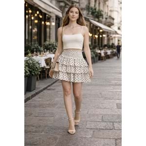 Paris Mode Puantiye Katlı Etek Krem - Kahve - KREM - M