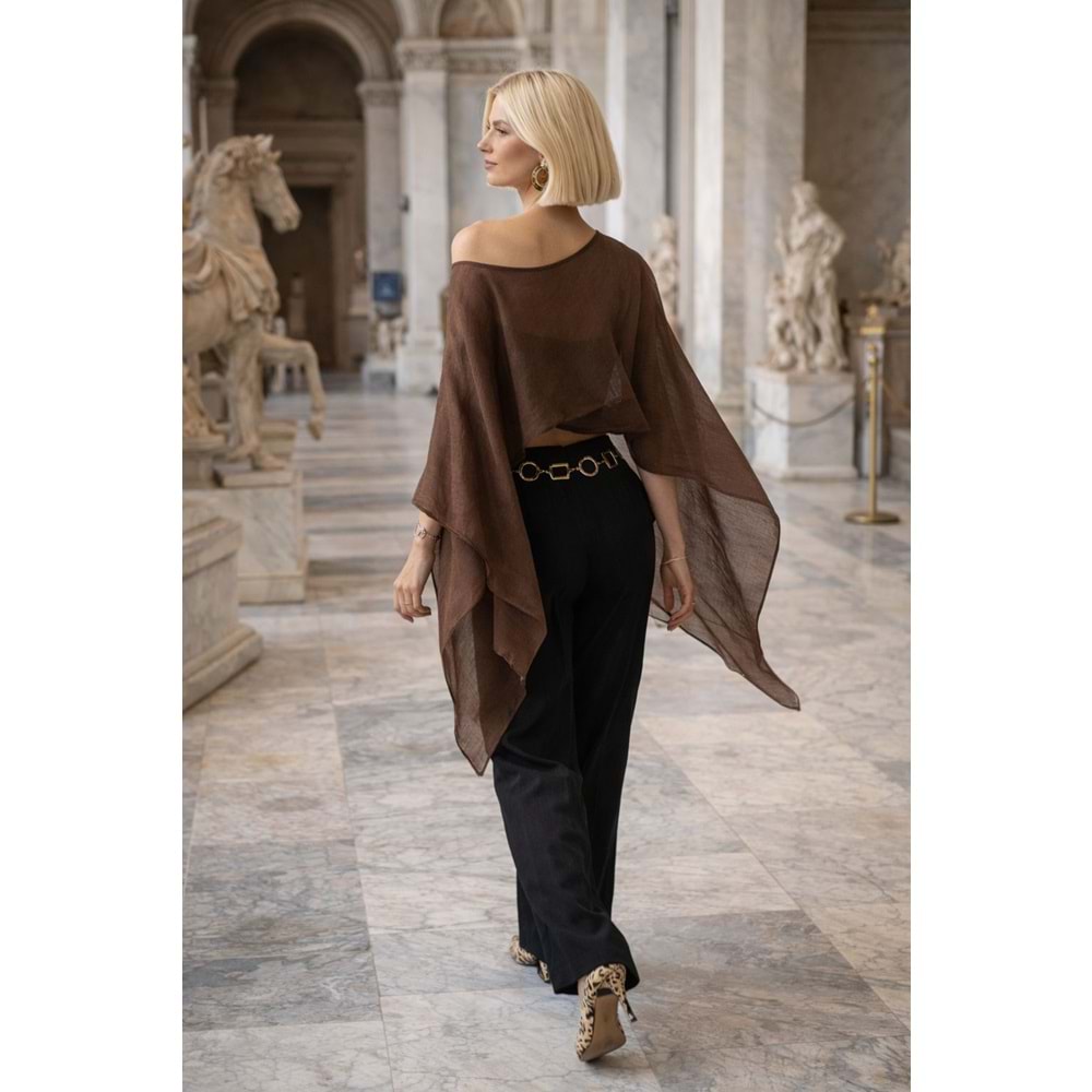 Kadın Kahverengi Dökümlü Tül Bluz - Draped Elegant Muse