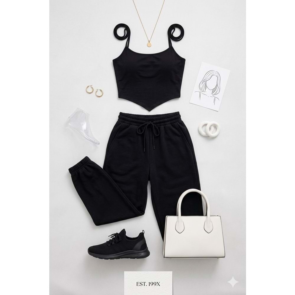 Essential Basic Strap Crop -Kendinden Sütyenli Basic Üst - SİYAH - L