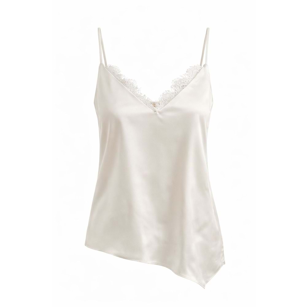 V Yaka Dantel Detay Bel Kesim Detaylı Saten Bluz - EKRU - M