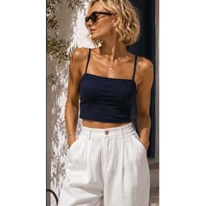 Lacivert Renk Askılı Crop Top Üst İç Dolgulu - Kendinden Sütyen Destek Pedli