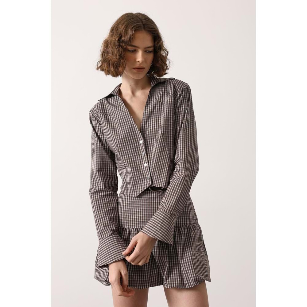 Pötükare Desen Elegant Düğme Detay Alt Üst Takım - KAHVERENGİ - M
