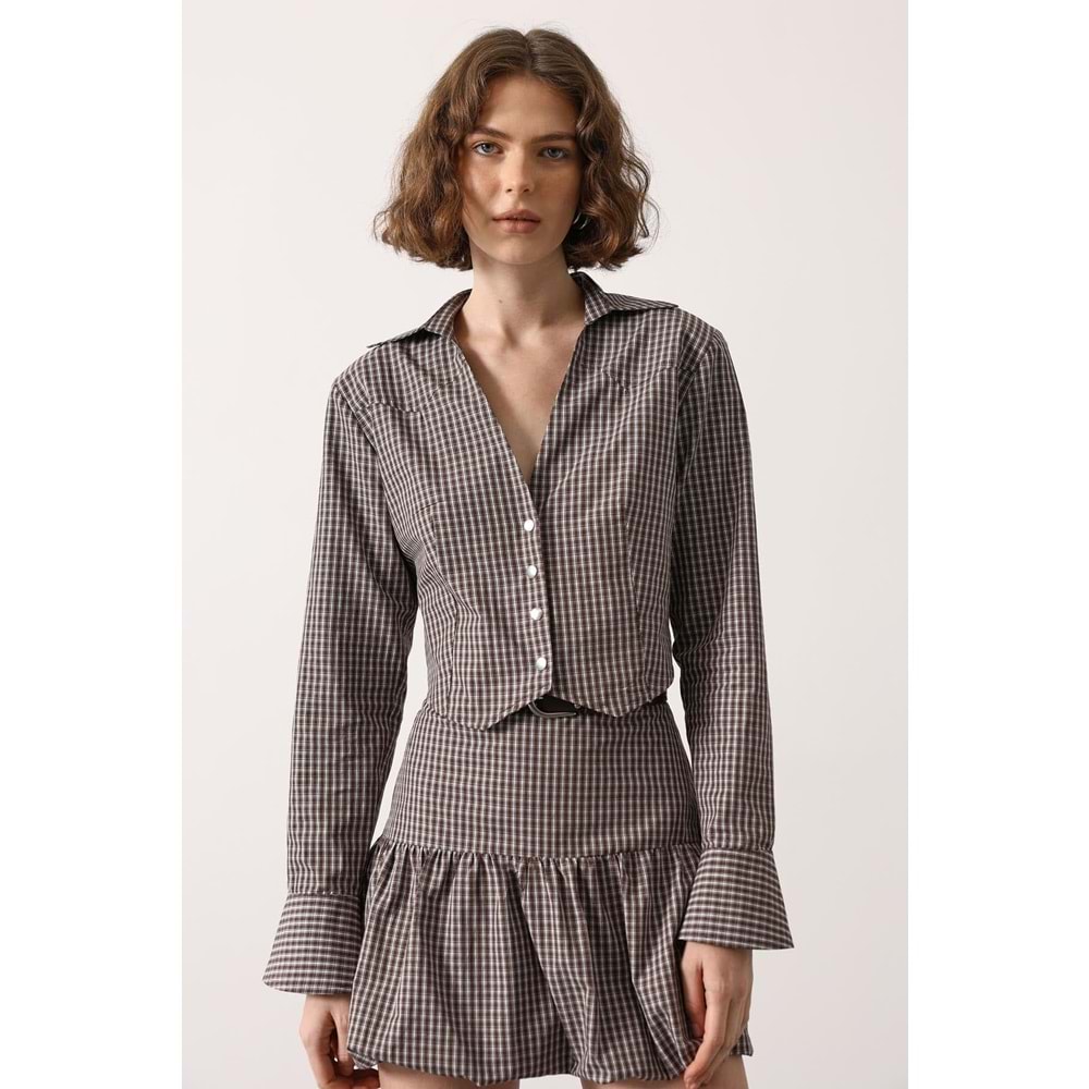 Pötükare Desen Elegant Düğme Detay Alt Üst Takım - KAHVERENGİ - M