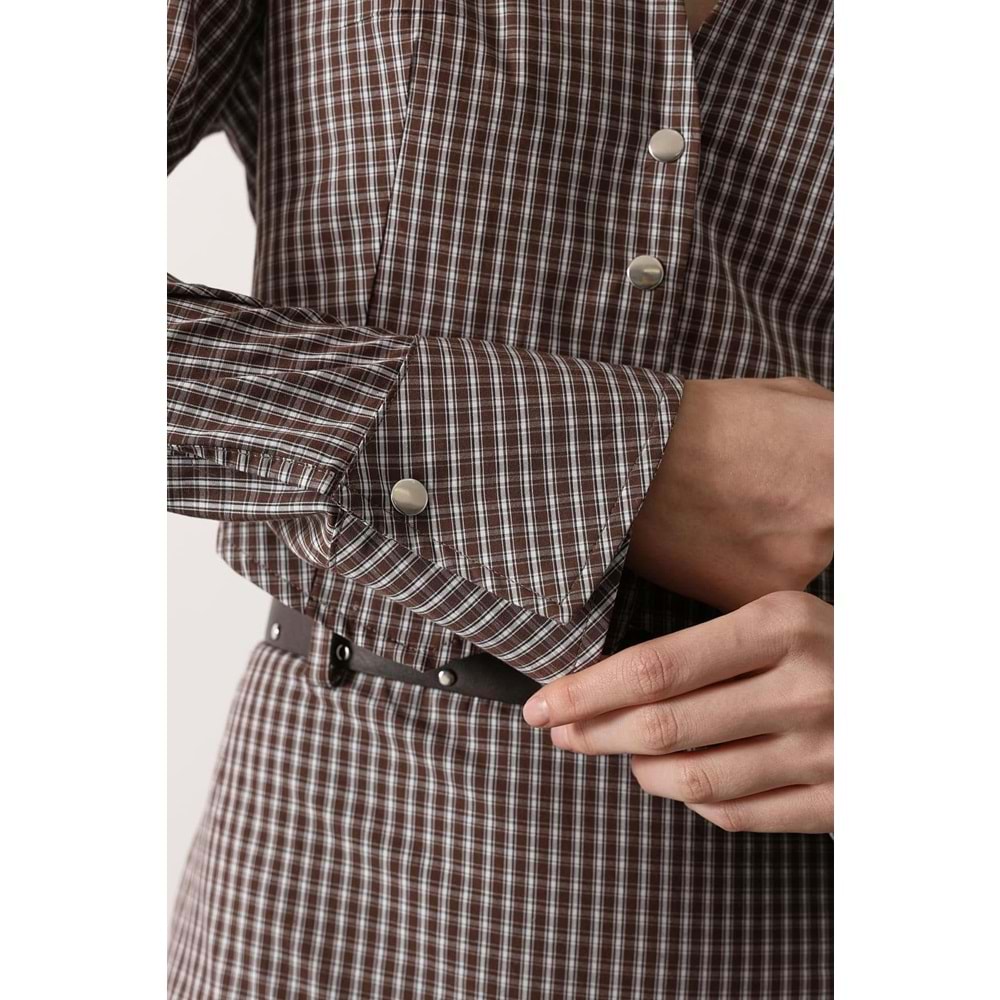 Pötükare Desen Elegant Düğme Detay Alt Üst Takım - KAHVERENGİ - M