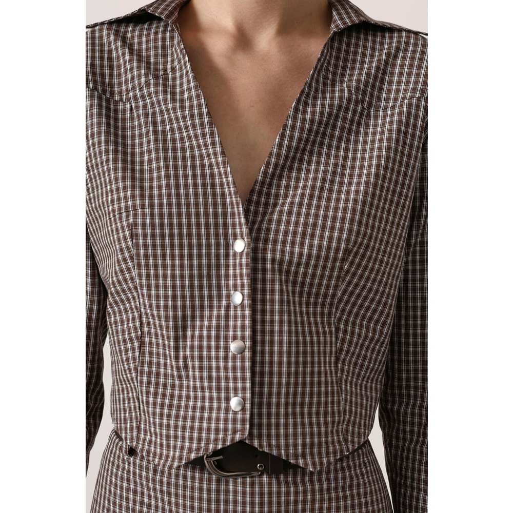 Pötükare Desen Elegant Düğme Detay Alt Üst Takım - KAHVERENGİ - M