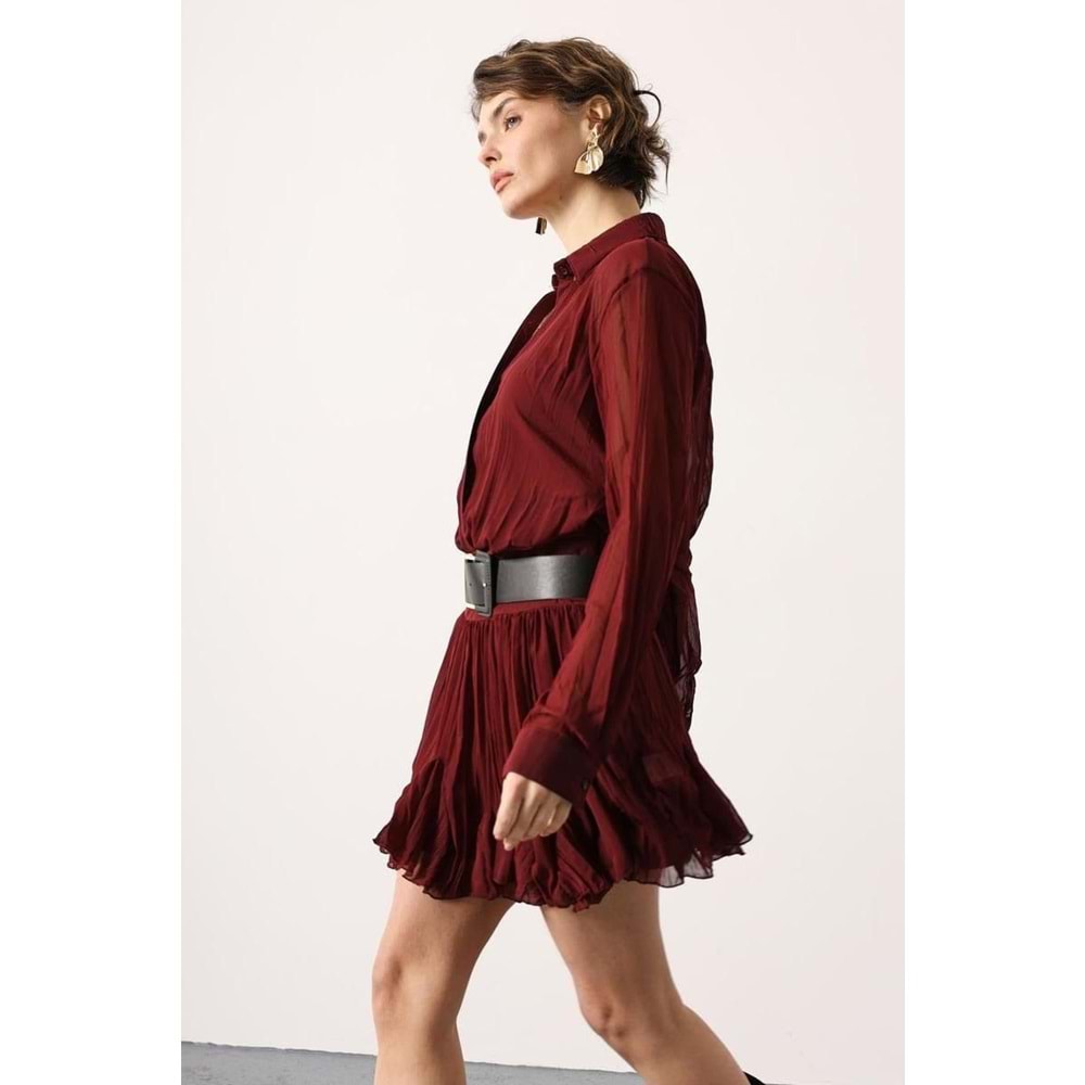 Scarlet Chic Bordeaux Kemerli Mini Elbise - - BORDO - L