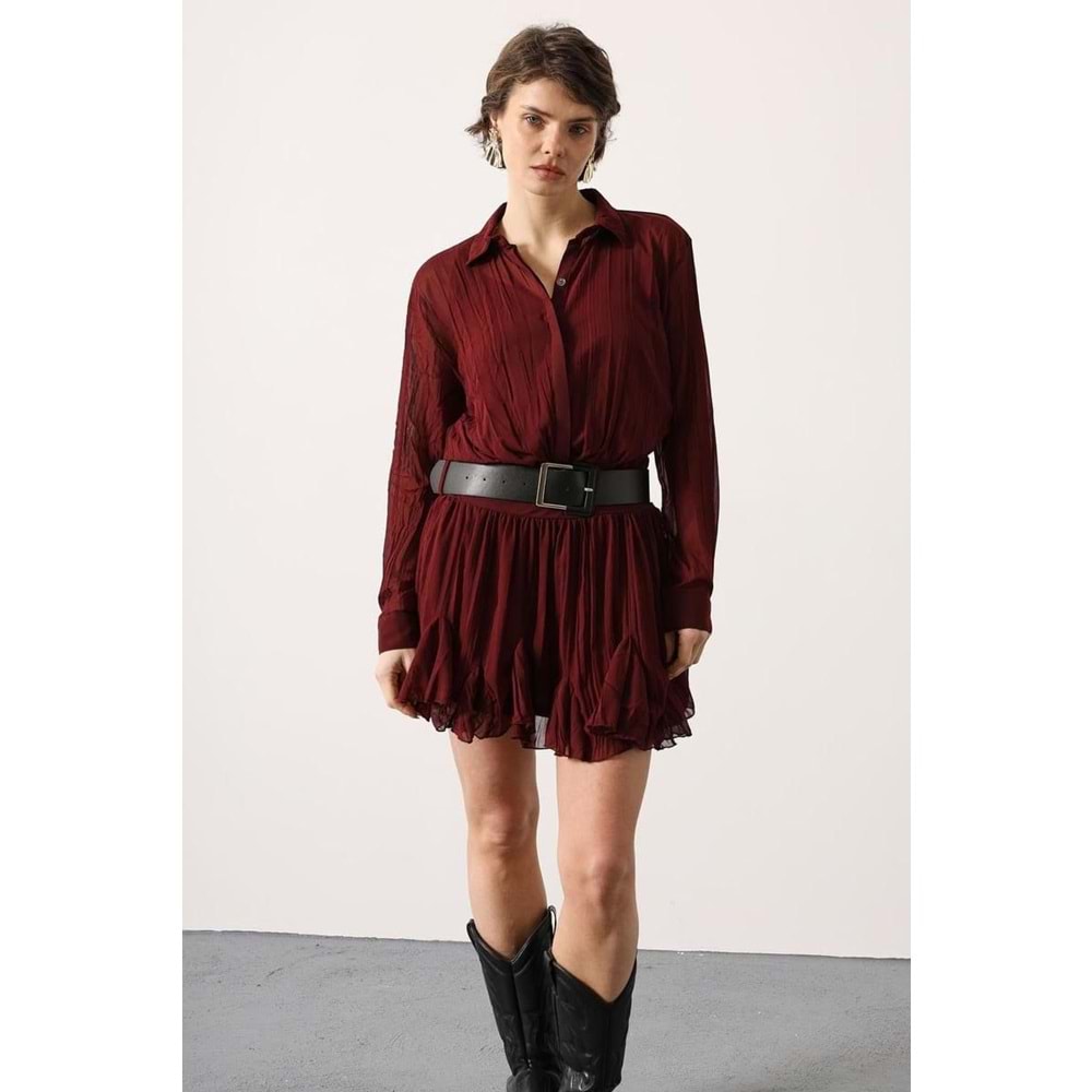 Scarlet Chic Bordeaux Kemerli Mini Elbise - - BORDO - L