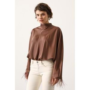 Luxe Knot Sırt Bağlama Kol Otriş Detaylı Saten Bluz - Kahve - Acı Kahve - M
