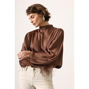 Luxe Knot Sırt Bağlama Kol Otriş Detaylı Saten Bluz - Kahve - Acı Kahve - M