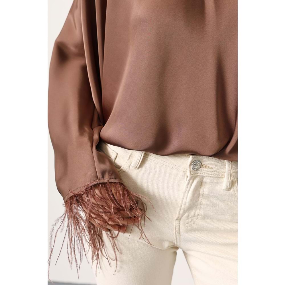 Luxe Knot Sırt Bağlama Kol Otriş Detaylı Saten Bluz - Kahve - Acı Kahve - M