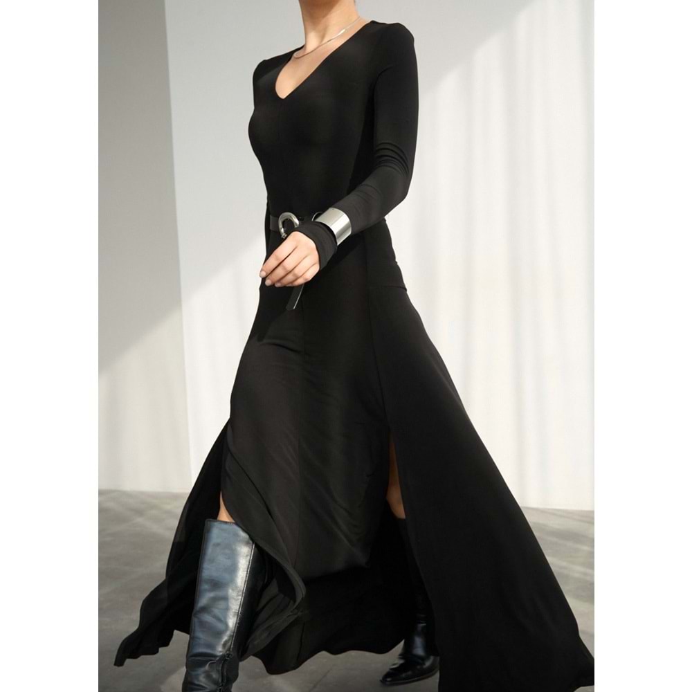Midnight Black Diva Çift Yırtmaçlı Maxi Boy Elbise - SİYAH - L