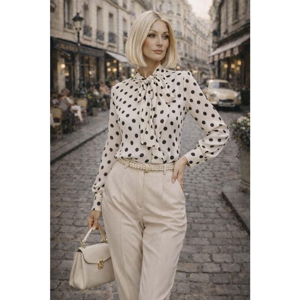 Vintage Paris Puantiye Bluz Coco Pois Ekru - Siyah - EKRU - L