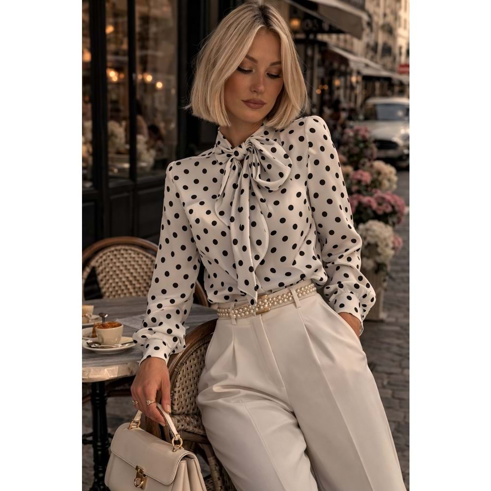 Vintage Paris Puantiye Bluz Coco Pois Ekru - Siyah - EKRU - L