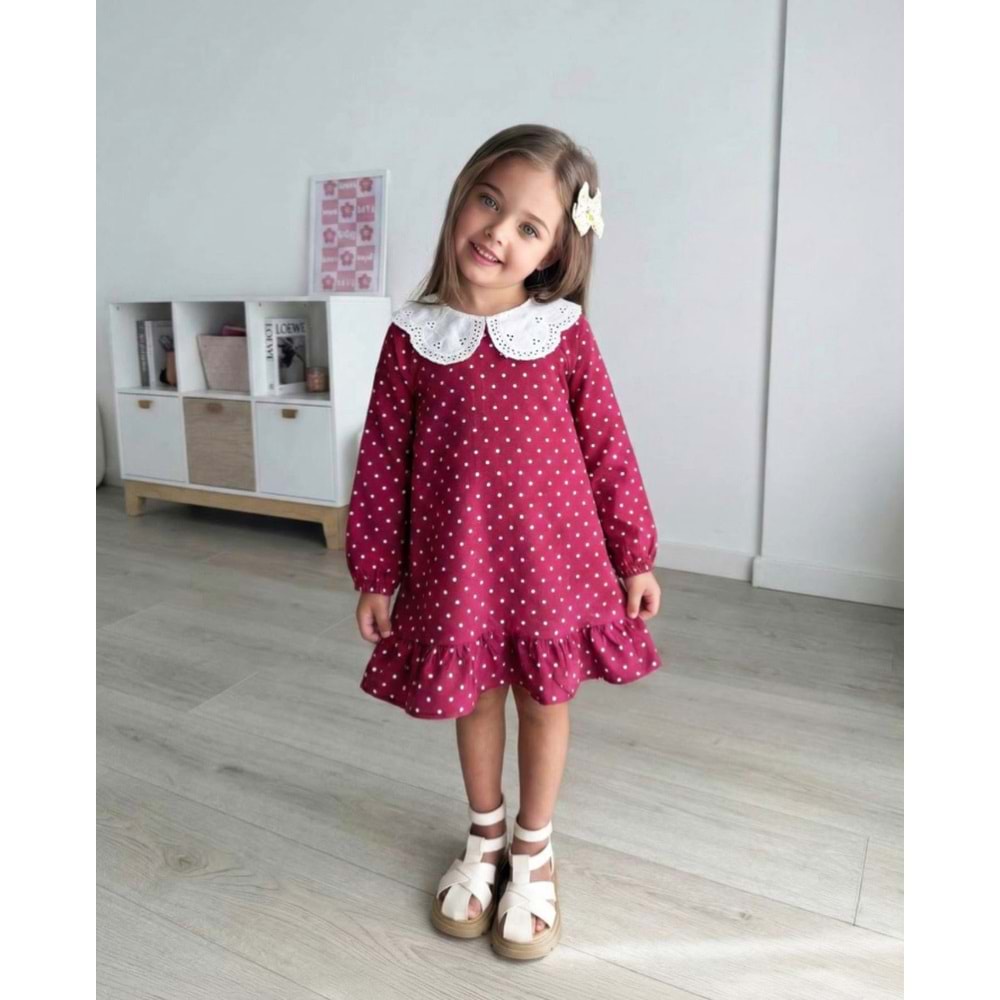 Kız Çocuk Bordo Beyaz Puantiye Elbise - BORDO - 3-4 YAŞ