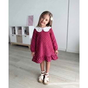 Kız Çocuk Bordo Beyaz Puantiye Elbise - BORDO - 3-4 YAŞ