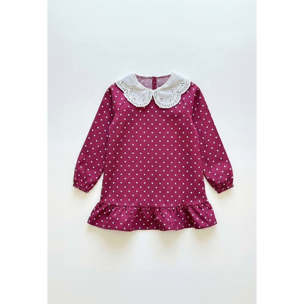 Kız Çocuk Bordo Beyaz Puantiye Elbise - BORDO - 3-4 YAŞ