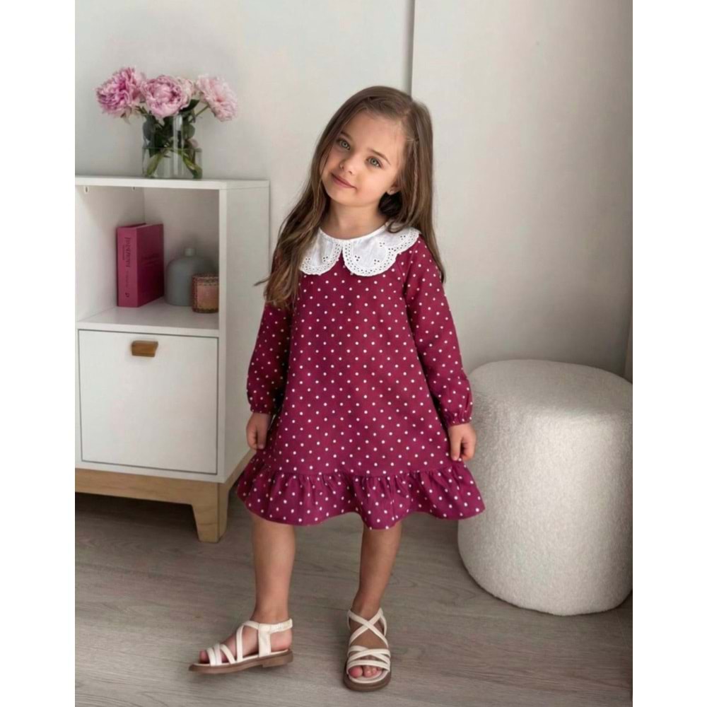 Kız Çocuk Bordo Beyaz Puantiye Elbise - BORDO - 3-4 YAŞ