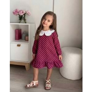 Kız Çocuk Bordo Beyaz Puantiye Elbise - BORDO - 3-4 YAŞ