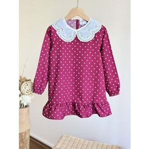 Kız Çocuk Bordo Beyaz Puantiye Elbise - BORDO - 3-4 YAŞ