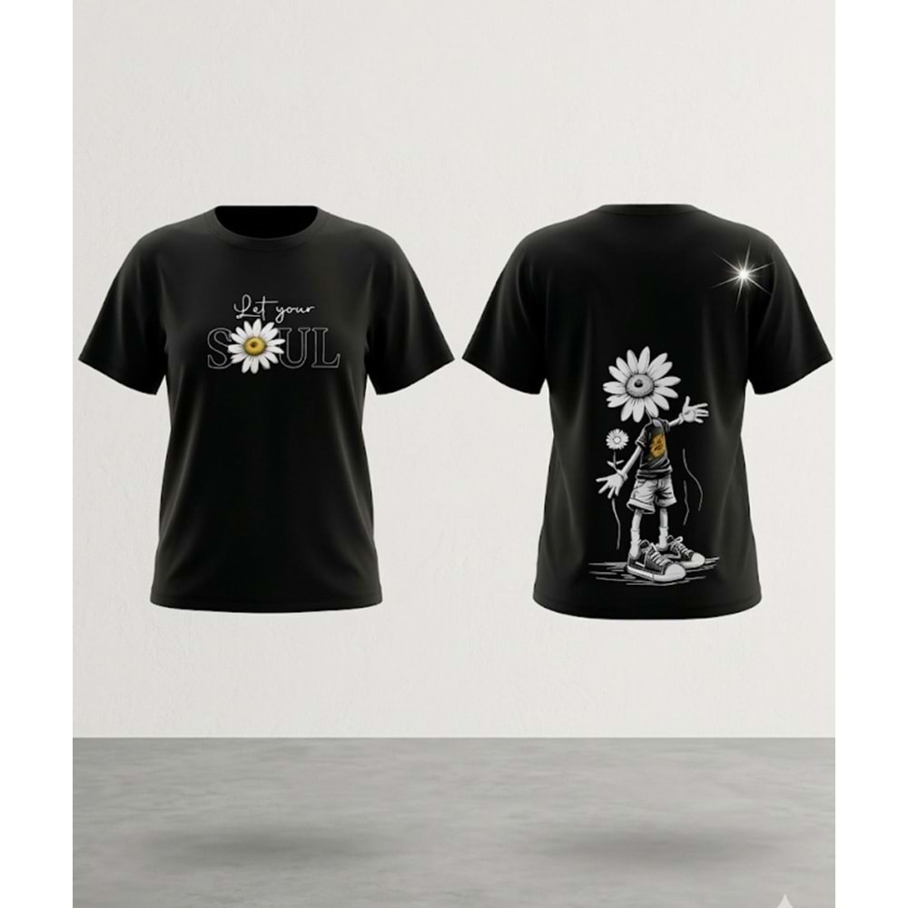 Kız Çocuk Papatya Sırt Baskı Detaylı T-Shirt Yeni Sezon - SİYAH - 11 YAŞ