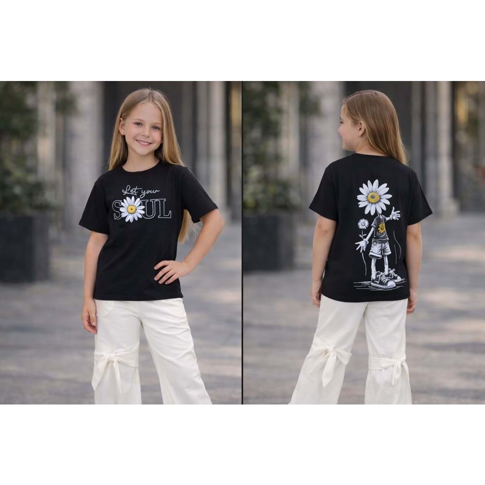 Kız Çocuk Papatya Sırt Baskı Detaylı T-Shirt Yeni Sezon - SİYAH - 11 YAŞ