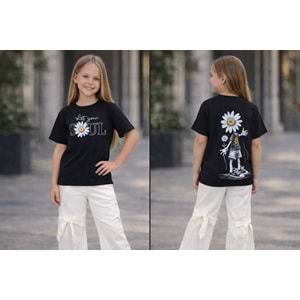 Kız Çocuk Papatya Sırt Baskı Detaylı T-Shirt Yeni Sezon - SİYAH - 11 YAŞ
