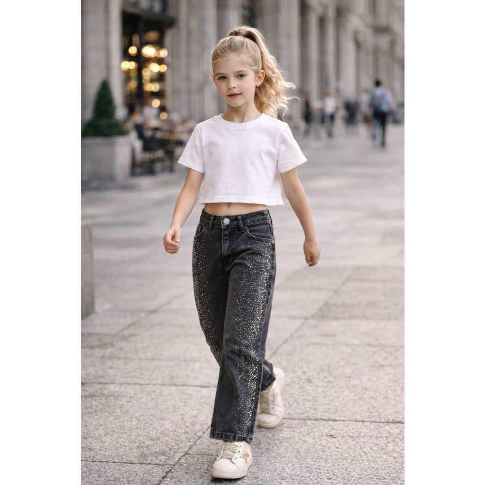 Kız Çocuk Taş Detaylı Jean Pantolon Wide Leg Parlak Taşlı Denim - GRİ - 7-8 YAŞ