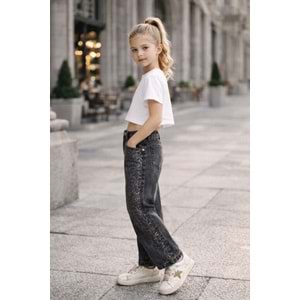 Kız Çocuk Taş Detaylı Jean Pantolon Wide Leg Parlak Taşlı Denim - GRİ - 7-8 YAŞ