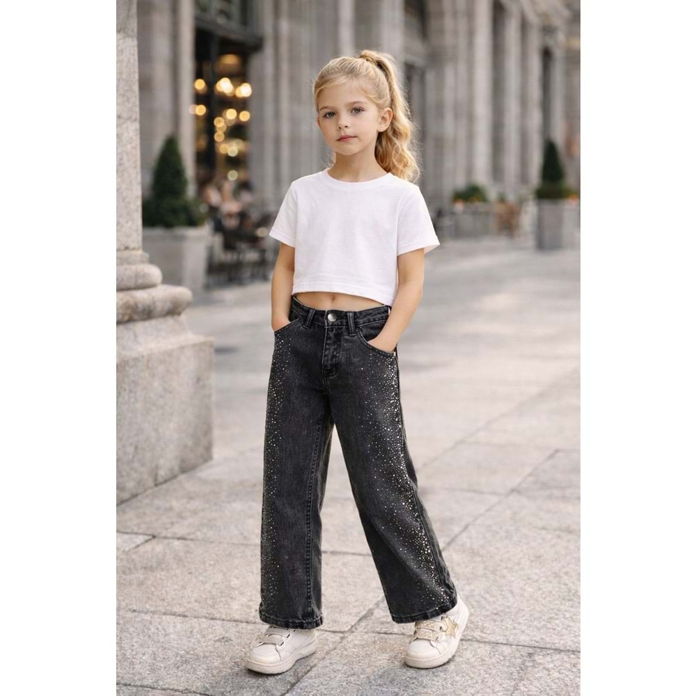 Kız Çocuk Taş Detaylı Jean Pantolon Wide Leg Parlak Taşlı Denim - GRİ - 7-8 YAŞ
