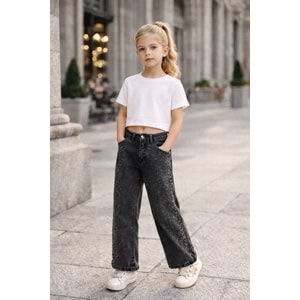 Kız Çocuk Taş Detaylı Jean Pantolon Wide Leg Parlak Taşlı Denim - GRİ - 7-8 YAŞ