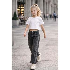 Kız Çocuk Taş Detaylı Jean Pantolon Wide Leg Parlak Taşlı Denim - GRİ - 7-8 YAŞ