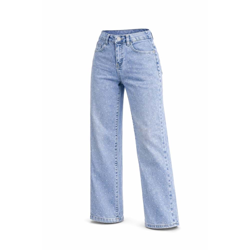 Kız Çocuk Wide Leg Parıltı - Taş Detaylı Kot Pantolon - Jeans - AÇIK MAVİ - 10-11 YAŞ