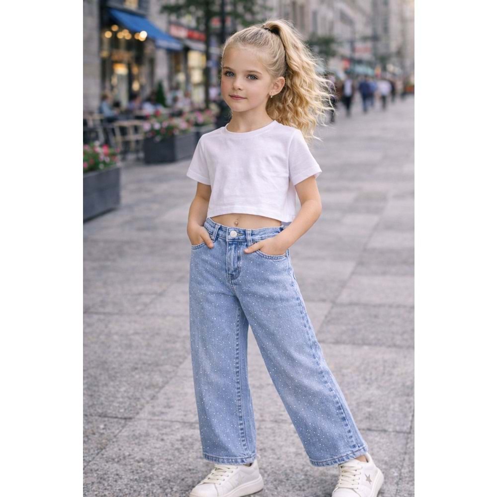 Kız Çocuk Wide Leg Parıltı - Taş Detaylı Kot Pantolon - Jeans - AÇIK MAVİ - 8-9 YAŞ