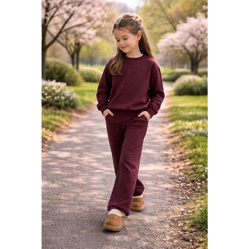 Choco Glow Taş Detay Alt Üst Takım - Mürdüm - 9-10 YAŞ