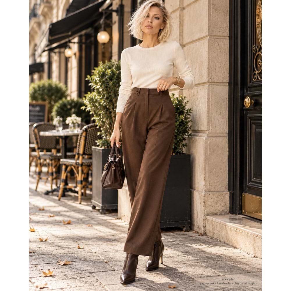 Mocha Signature High Waist Wide Leg Dökümlü Şehir Stili Pantolon - KAHVERENGİ - L