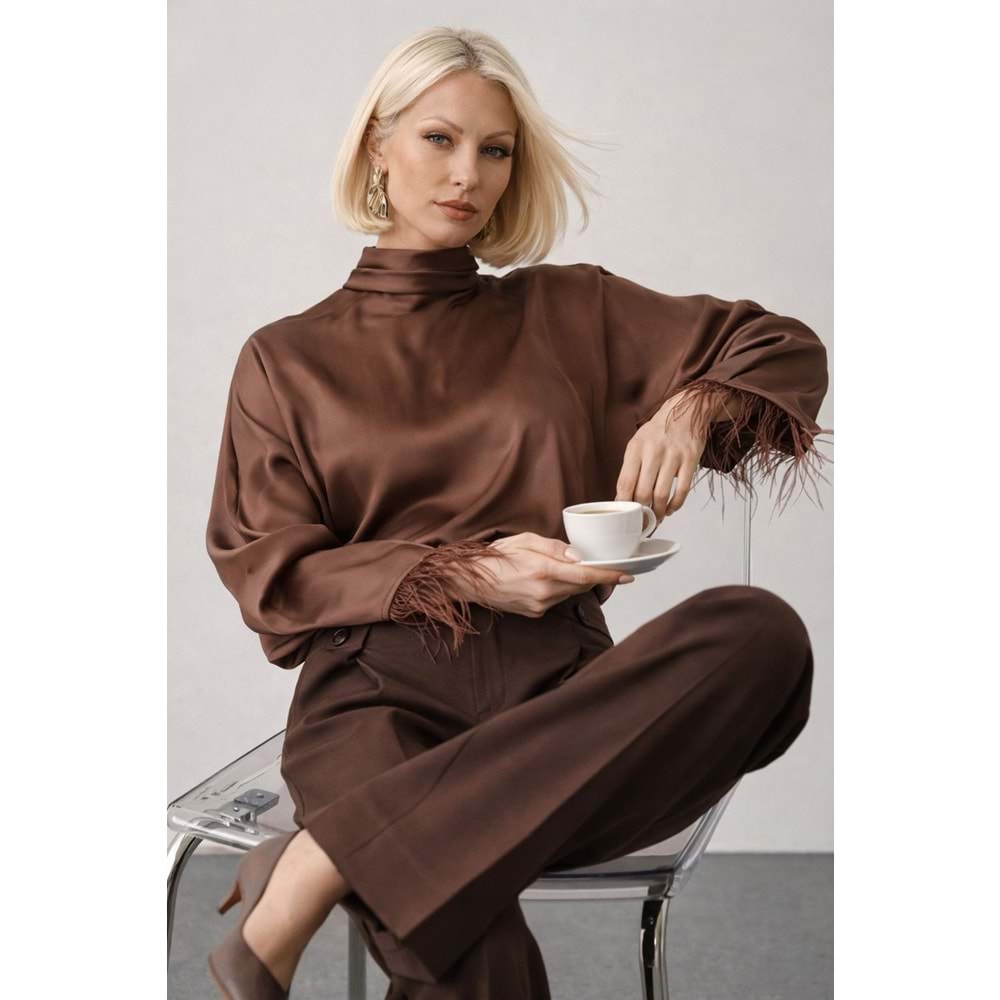Mocha Signature High Waist Wide Leg Dökümlü Şehir Stili Pantolon - KAHVERENGİ - L