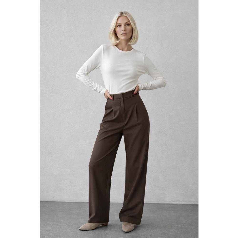 Mocha Signature High Waist Wide Leg Dökümlü Şehir Stili Pantolon - KAHVERENGİ - L