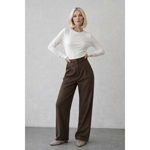 Mocha Signature High Waist Wide Leg Dökümlü Şehir Stili Pantolon - KAHVERENGİ - L