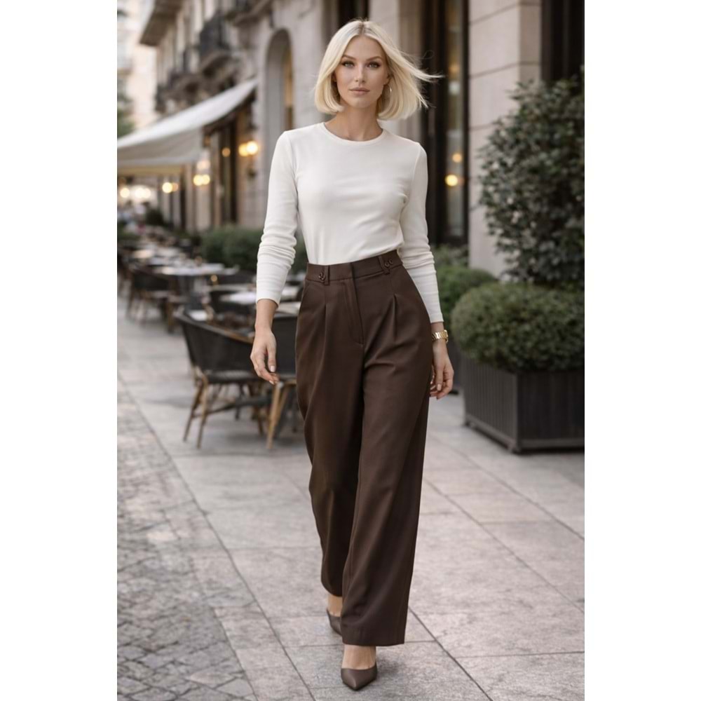 Mocha Signature High Waist Wide Leg Dökümlü Şehir Stili Pantolon - KAHVERENGİ - L