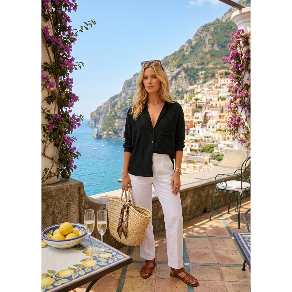 Çizgili Siyah Cepli Oversize Kadın Gömlek