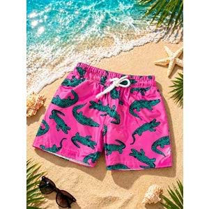 Yeni Sezon Erkek Çocuk Desenli Baskılı Bel Bağcıklı Şort Mayo Fileli Tam / Regular Kalıp - NEON PEMBE - 3-4 YAŞ