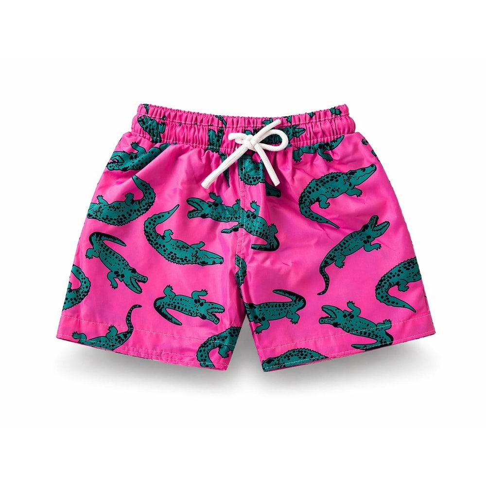 Yeni Sezon Erkek Çocuk Desenli Baskılı Bel Bağcıklı Şort Mayo Fileli Tam / Regular Kalıp - NEON PEMBE - 3-4 YAŞ