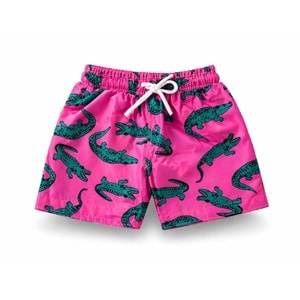 Yeni Sezon Erkek Çocuk Desenli Baskılı Bel Bağcıklı Şort Mayo Fileli Tam / Regular Kalıp - NEON PEMBE - 3-4 YAŞ