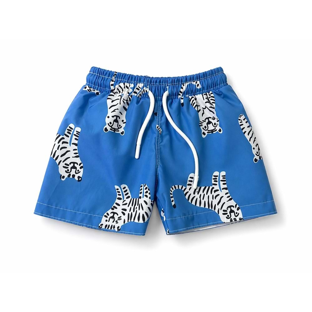 Yeni Sezon Erkek Çocuk Desenli Baskılı Bel Bağcıklı Şort Mayo Fileli Tam / Regular Kalıp - SAKS MAVİ - 3-4 YAŞ