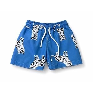 Yeni Sezon Erkek Çocuk Desenli Baskılı Bel Bağcıklı Şort Mayo Fileli Tam / Regular Kalıp - SAKS MAVİ - 3-4 YAŞ