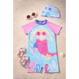Kız Çocuk Yeni Sezon Deniz Kızı Plaj Mayo + Bone Set / Takım - PEMBE - 2-3 YAŞ