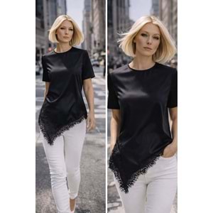 Yeni Sezon Saten Dantel Detay Asimetrik Bluz Damla Kapamalı Siyah Renk - SİYAH - L