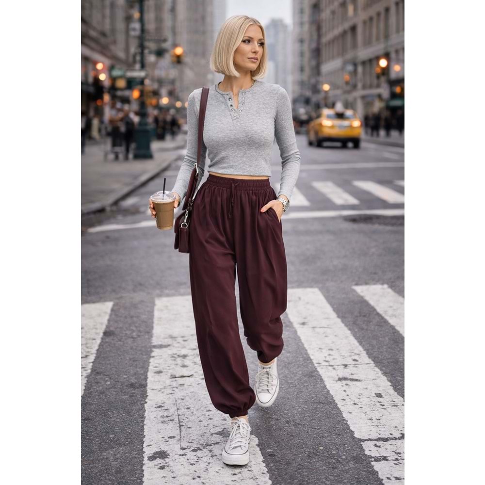 Bohem Rahat Kesim Lastik Paçalı Jogger Pantolon - BORDO - L